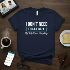 I DON'T NEED CHATGPT My Wife Knows Everything text on a navy blue t-shirt