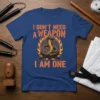 I Don't Need A Weapon I Am One t-shirt featuring a cobra coiled within flames and a black belt