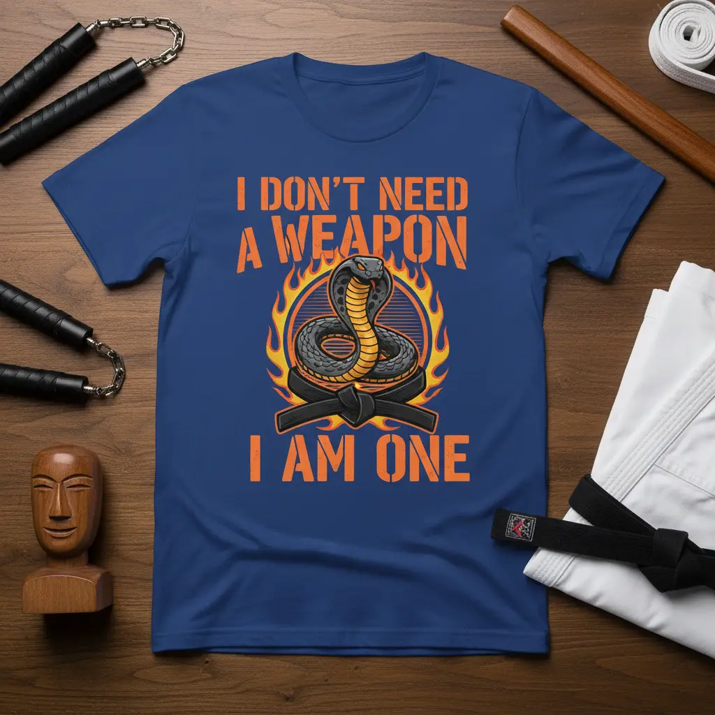 I Don't Need A Weapon I Am One quote with cobra and flames on a martial arts t-shirt design