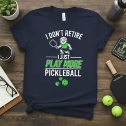 T-shirt with "I DON'T RETIRE I JUST PLAY MORE PICKLEBALL" text, featuring a cartoon man playing pickleball and pickleballs
