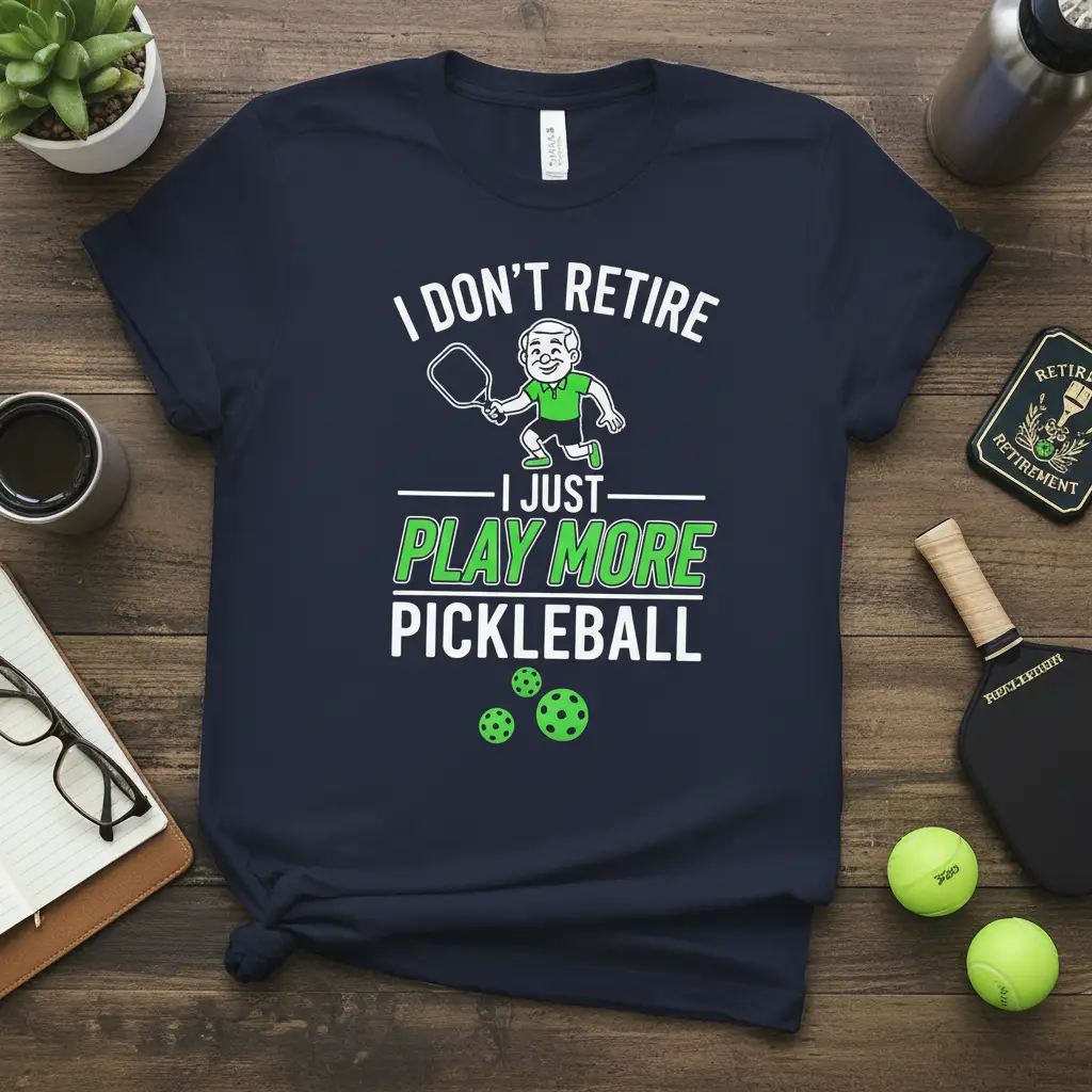 I DON'T RETIRE I JUST PLAY MORE PICKLEBALL slogan on a navy t-shirt with a graphic of a man playing pickleball