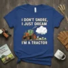 Tractor t-shirt with text "I Don't Snore, I Just Dream I'm A Tractor" and a cartoon tractor dreaming of sheep
