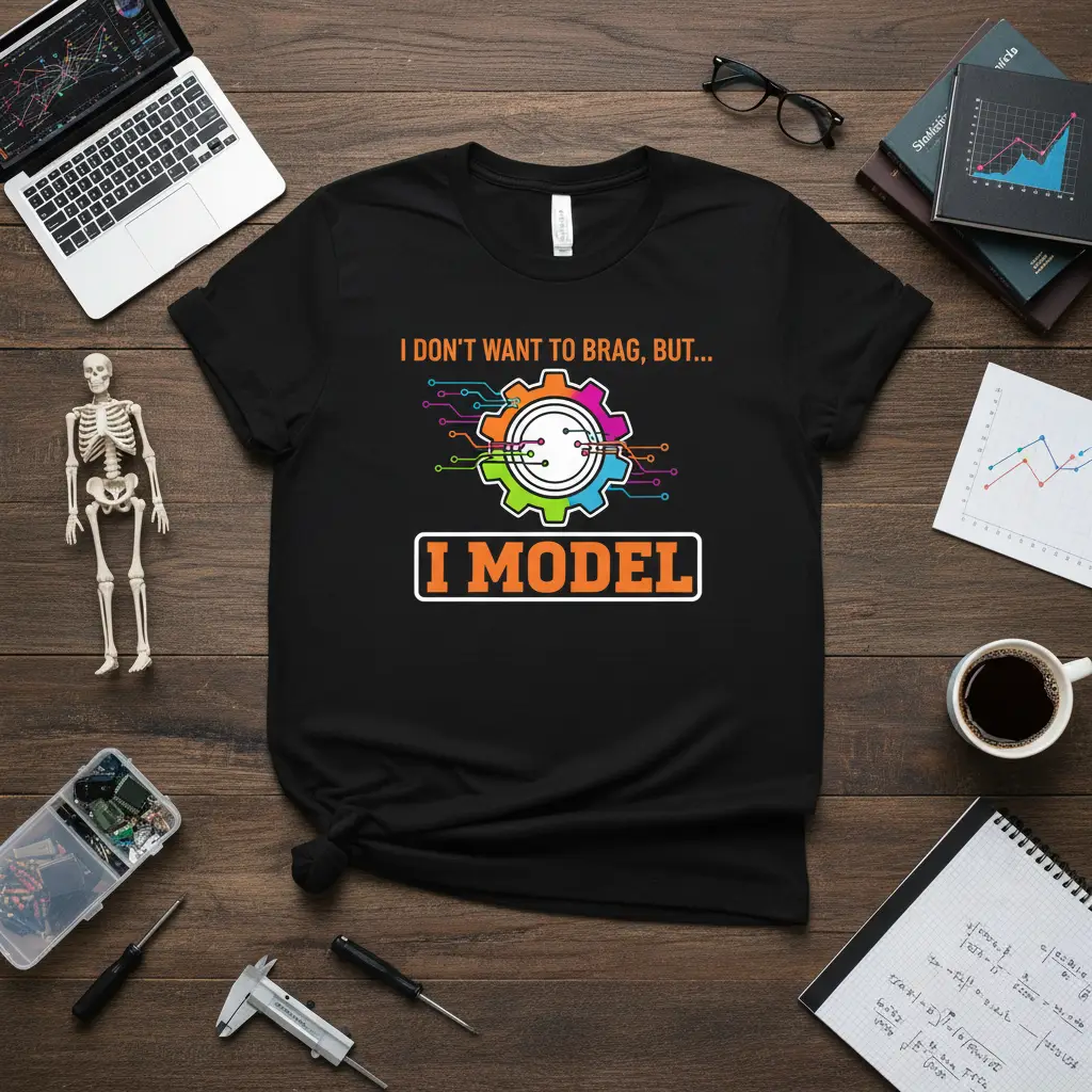 I Don't Want To Brag But I Model quote with colorful gear and circuit design on black tee