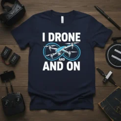 I Drone And On t-shirt with a drone graphic and infinity symbol, white text on navy blue