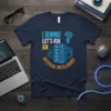 I Dunno Let's Ask An Artificial Intelligence quote t-shirt with a server graphic and question mark, navy blue tee