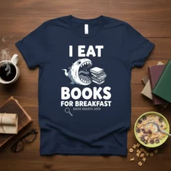 I Eat Books For Breakfast Book Beasts 2019 quote on a navy blue t-shirt featuring a cartoon shark eating books