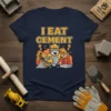 I Eat Cement t-shirt design with a muscular cartoon cat wearing a hard hat and flexing, holding a cement block