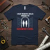 I Enjoy Romantic Walks Through The Hardware Store quote on a navy t-shirt with a graphic of a couple walking