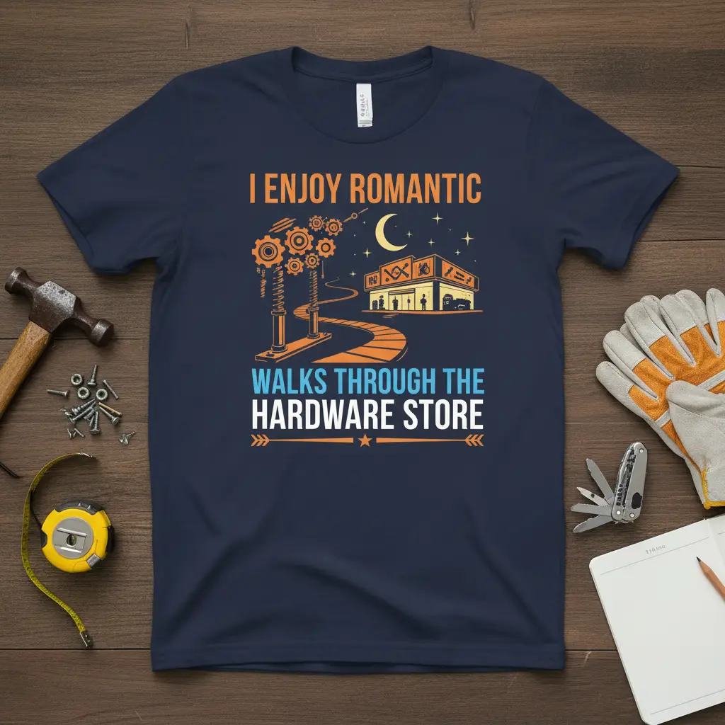 I Enjoy Romantic Walks Through The Hardware Store quote on a navy tee with a charming hardware store graphic