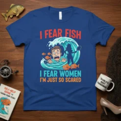 I Fear Fish I Fear Women I'm Just So Scared funny fishing quote t-shirt design with a man surfing a