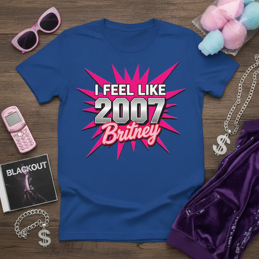 I FEEL LIKE 2007 Britney text design with pink starburst on blue t-shirt