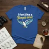 Blue t-shirt with "i feel like a Female bird" text and a graphic of a soaring eagle with outstretched wings