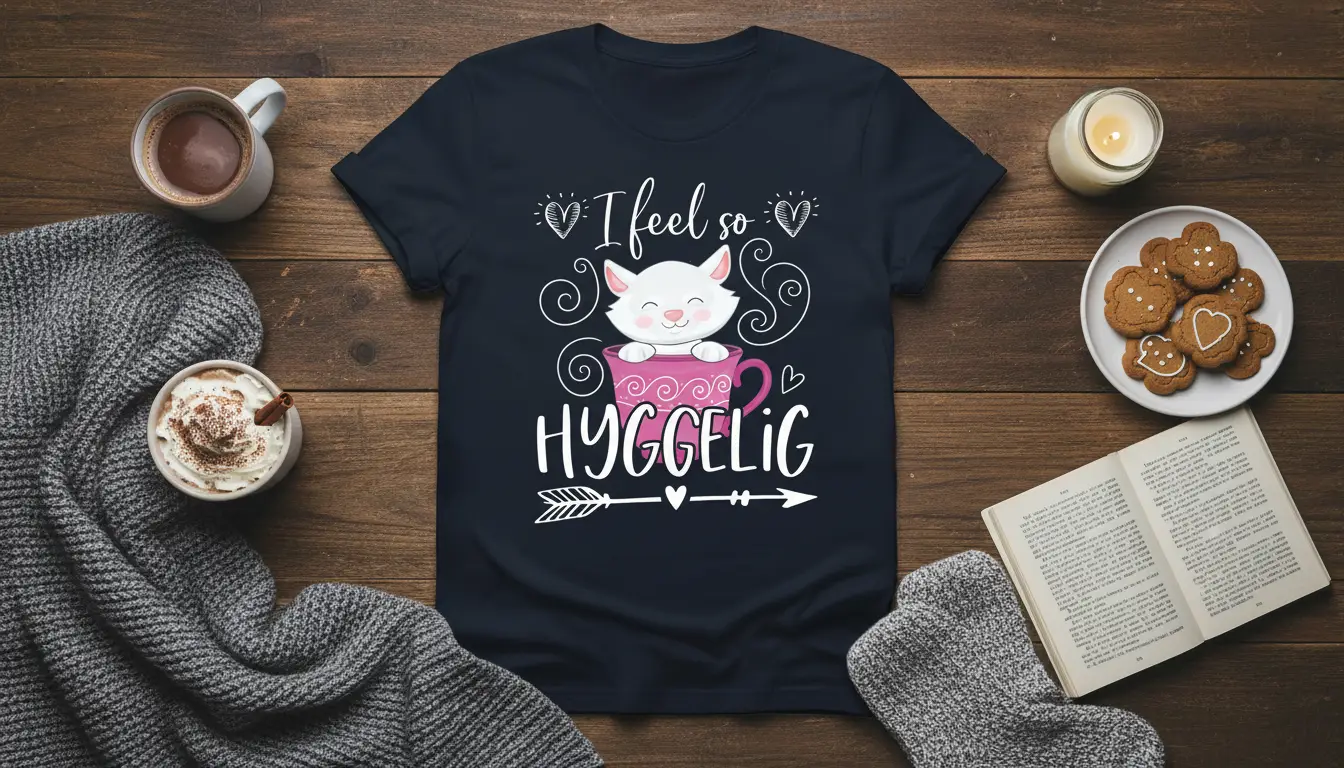 I feel so HYGGELIG t-shirt featuring a cute cat in a pink teacup and cozy design elements