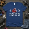 I Flexed And The Sleeves Fell Off funny gym t-shirt with a flexing arm graphic