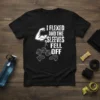 I Flexed And The Sleeves Fell Off funny gym quote t-shirt with graphic of a flexing arm and dumbbells