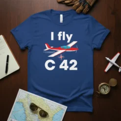 I fly C 42 text with a red and white airplane graphic and compass rose on a blue t-shirt