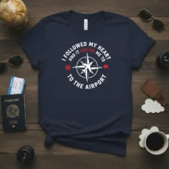 Navy blue t-shirt with white text saying "I FOLLOWED MY HEART AND IT LED ME TO W TO THE AIRPORT"