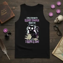 Black cat sitting with a scroll titled "I Fully Intend To Haunt People When I Die I Have A List,"