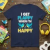T-shirt with the quote "I Get Flappy When I'm Happy" and two cartoon blue birds singing, in white and yellow
