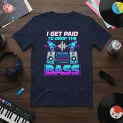 I Get Paid To Drop The Bass text with DJ equipment graphic on a navy t-shirt
