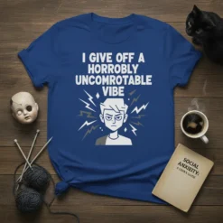 Blue t-shirt with white text "I GIVE OFF A HORROBLY UNCOMROTATABLE VIBE" and a graphic of an annoyed person with