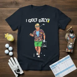 I Golf Daly humorous quote t-shirt design featuring a cartoon golfer with a golf cart and drink