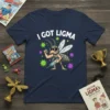 Navy blue t-shirt with "I Got Ligma" text above a muscular cartoon mosquito holding a syringe, surrounded by green and