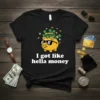 Black t-shirt with "I got like hella money" text and a cartoon piggy bank wearing sunglasses, filled with money and