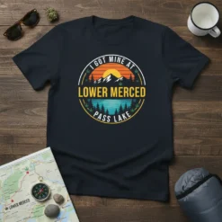 I Got Mine At Lower Merced Pass Lake retro graphic t-shirt with mountains, lake, and sunset