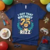 I GOT THAT BIRTHDAY 25 RIZZ text design with a cartoon lion wearing a party hat, musical notes, and leaves