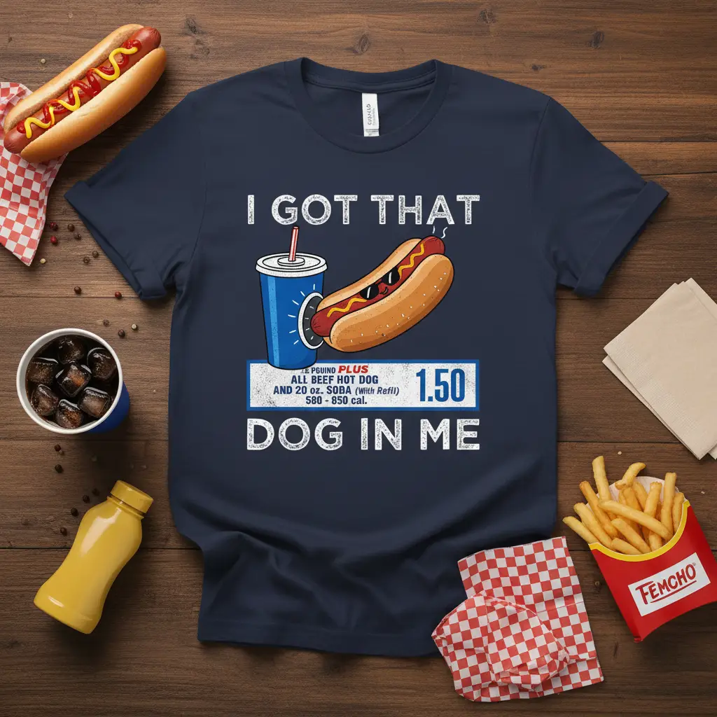 I Got That Dog In Me funny hot dog and soda quote on a t-shirt, retro menu design