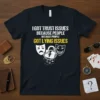 I Got Trust Issues Because People Got Lying Issues quote on a navy t-shirt with theater masks and broken lock
