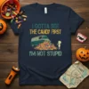 I Gotta See The Candy First I'm Not Stupid Halloween t-shirt with a retro van and pile of candy