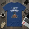 I Hate Everybody T-Shirt with a cartoon cat sitting on a volcano wearing sunglasses and a hoodie, surrounded by small