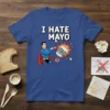 Blue t-shirt with "I HATE MAYO" text and Superman-like character pointing at an exploding jar of mayonnaise