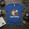 I Hate People cat wearing headphones playing computer game on a blue t-shirt