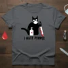 I HATE PEOPLE quote on a dark grey t-shirt with a black cat wearing a mask, holding a bloody knife
