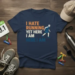 Navy t-shirt with orange and white text "I HATE RUNNING YET HERE I AM HERE I AM" and a graphic