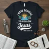 Christian t-shirt with "I HAVE DECIDED TO FOLLOW Jesus" text and a graphic of a person meditating by water at