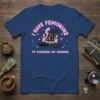 I Have Feminine To Vanquish My Enemies quote on a navy t-shirt with a pink witch hat graphic and stars