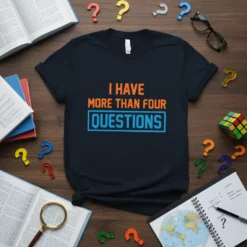 T-shirt with bold orange text "I HAVE MORE THAN FOUR QUESTIONS" in blue box, set against a navy background