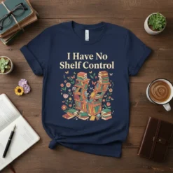 I Have No Shelf Control quote t-shirt with a whimsical illustration of overflowing bookshelves, flowers, and butterflies