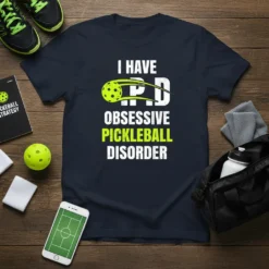 I HAVE PD OBSESSIVE PICKLEBALL DISORDER text with a pickleball graphic on a navy t-shirt