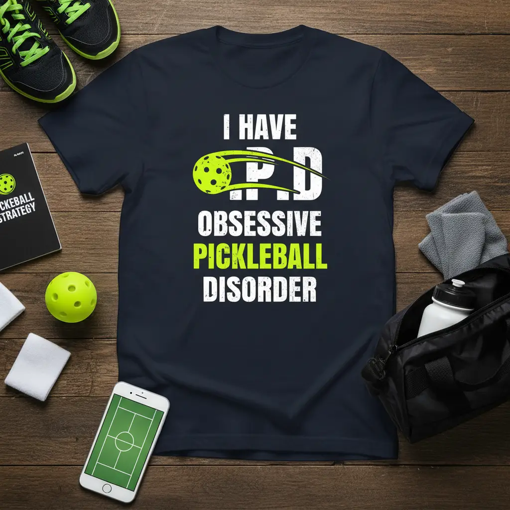 I HAVE PD OBSESSIVE PICKLEBALL DISORDER quote with pickleball graphic on a navy tee