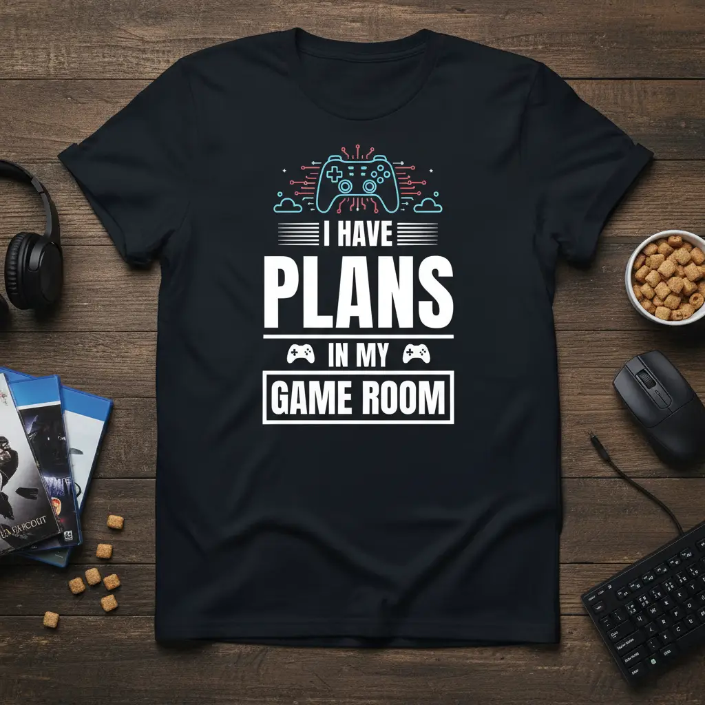 I HAVE PLANS IN MY GAME ROOM gamer t-shirt featuring a vintage controller and digital circuit design