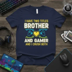Navy t-shirt with yellow and green text: "I Have Two Titles Brother And Gamer And I Crush Both" and pixelated
