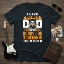 I Have Two Titles Dad and Bonus Dad And I Rock Them Both t-shirt with graphic of a dad figure