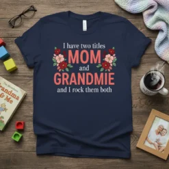 Navy t-shirt with floral accents and the text "I have two titles MOM and GRANDMIE and I rock them both"