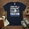 Navy t-shirt with white text "I HAVE THE VOCABULARY OF A EDUC SAILOR" featuring a sailing ship and anchor graphic
