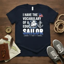Navy t-shirt with white text "I HAVE THE VOCABULARY OF A EDUC SAILOR" featuring a sailing ship and anchor graphic